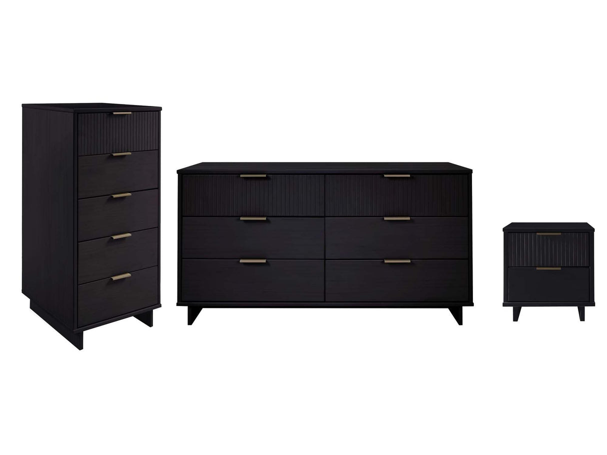 Granville 3-Piece Tall Narrow Chest, Double Dresser and Nightstand Set in Black by Manhattan Comfort at Eve Furniture