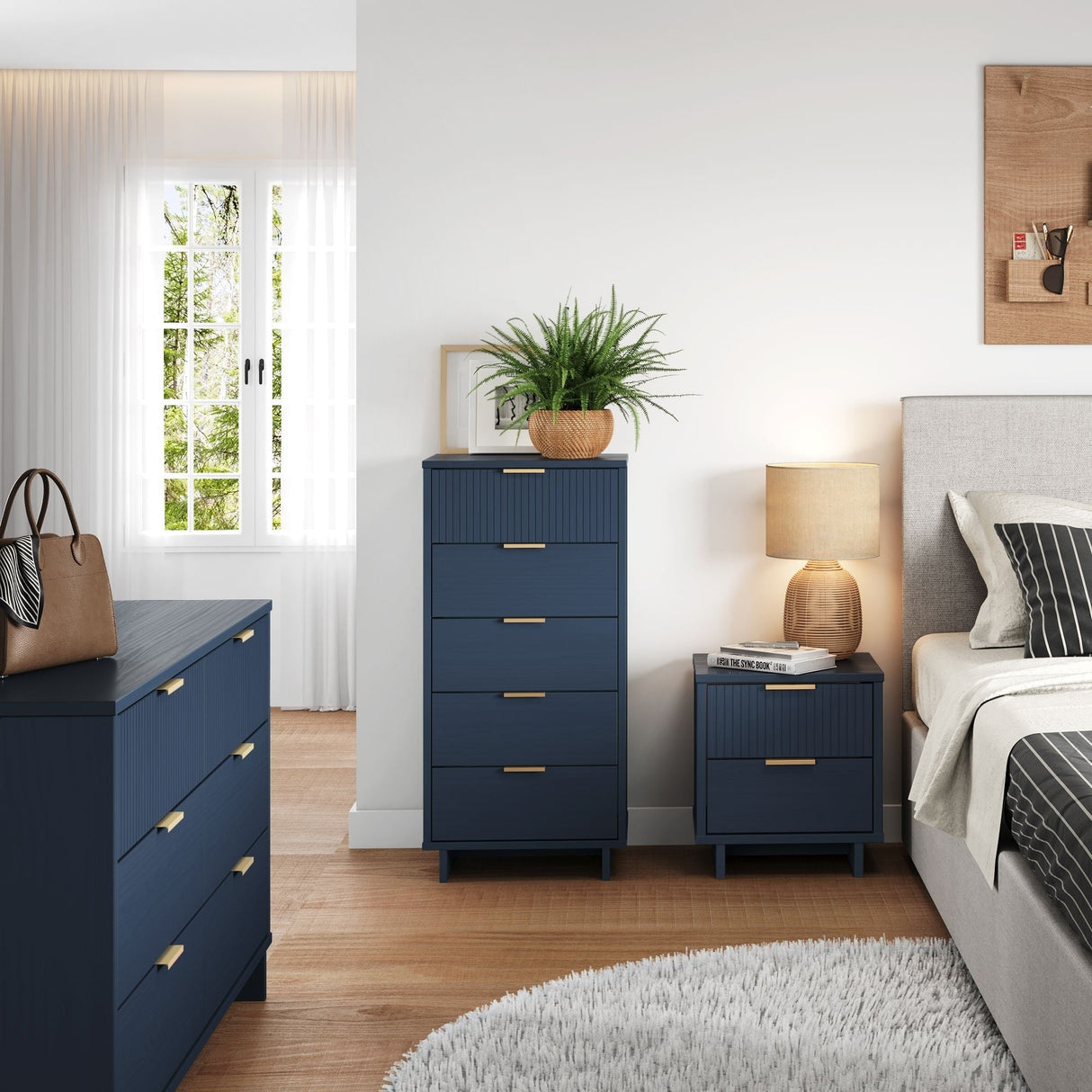 Granville 3-Piece Tall Narrow Chest, Double Dresser and Nightstand Set in Midnight Blue by Manhattan Comfort at Eve Furniture