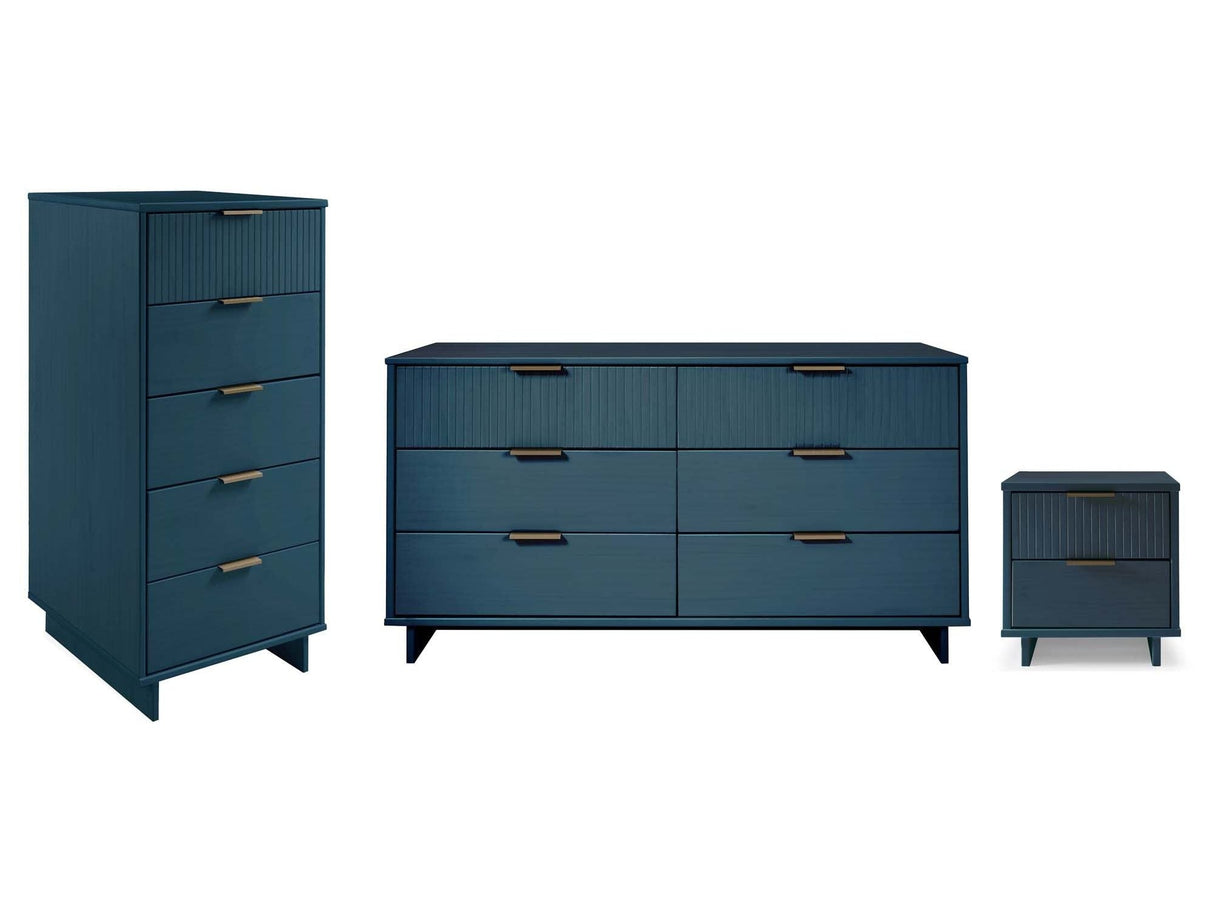 Granville 3-Piece Tall Narrow Chest, Double Dresser and Nightstand Set in Midnight Blue by Manhattan Comfort at Eve Furniture