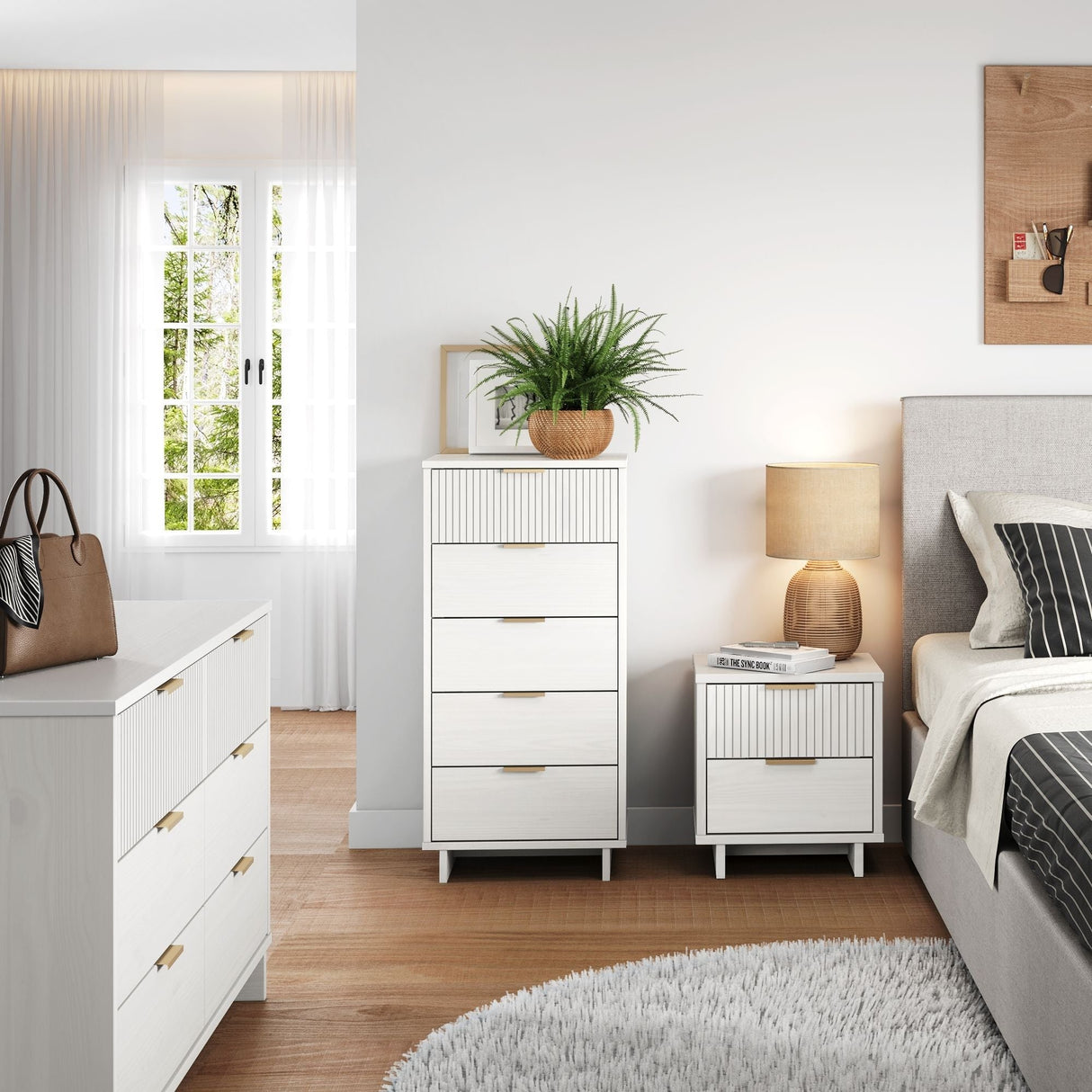 Granville 3-Piece Tall Narrow Chest, Double Dresser and Nightstand Set in White by Manhattan Comfort at Eve Furniture