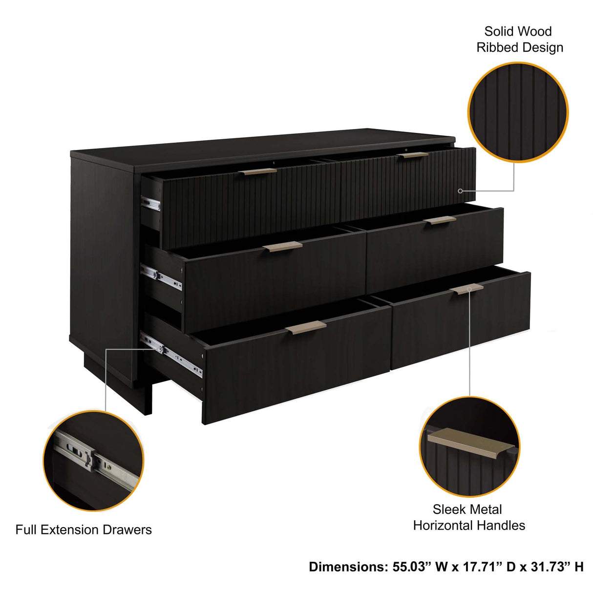 Granville 3-Piece Tall Narrow Chest, Double Dresser Set and Standard Dresser Set in Black by Manhattan Comfort at Eve Furniture