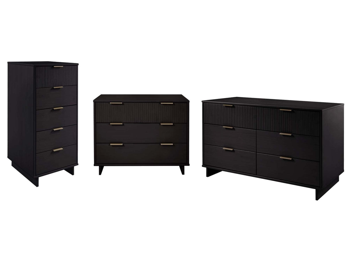 Granville 3-Piece Tall Narrow Chest, Double Dresser Set and Standard Dresser Set in Black by Manhattan Comfort at Eve Furniture