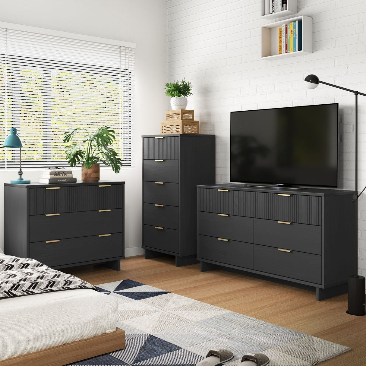Granville 3-Piece Tall Narrow Chest, Double Dresser Set and Standard Dresser Set in Dark Grey by Manhattan Comfort at Eve Furniture