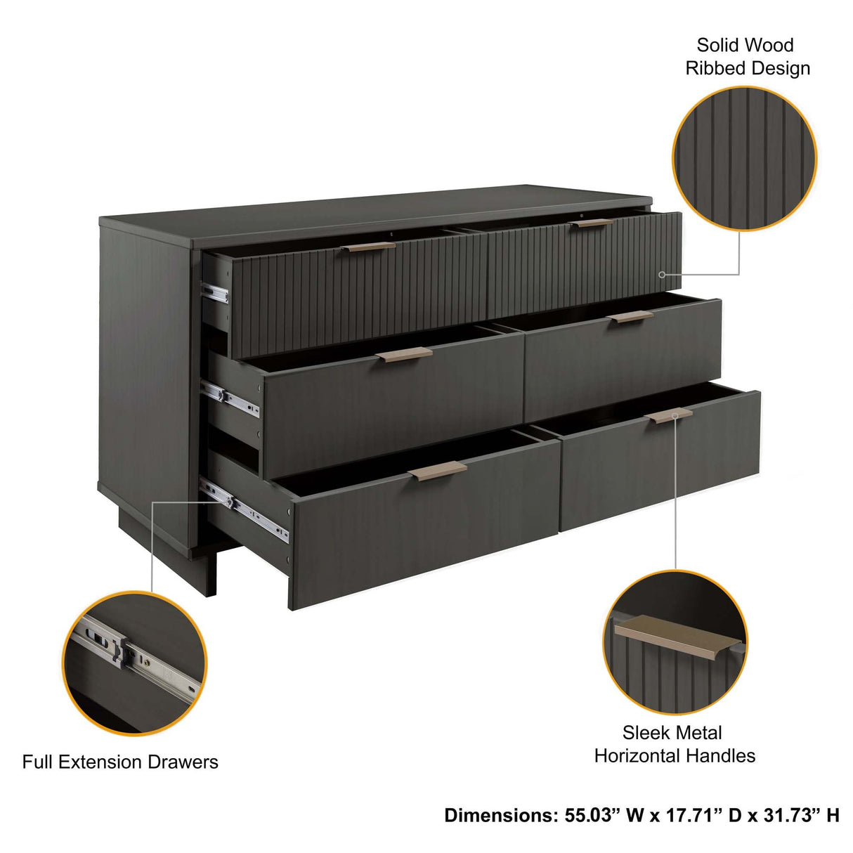 Granville 3-Piece Tall Narrow Chest, Double Dresser Set and Standard Dresser Set in Dark Grey by Manhattan Comfort at Eve Furniture