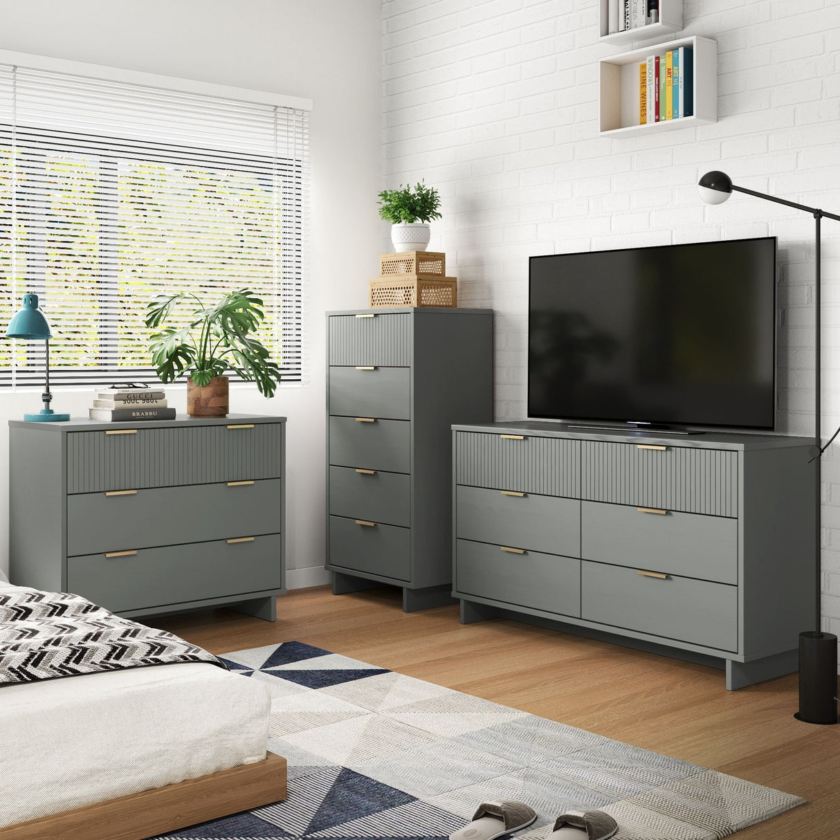 Granville 3-Piece Tall Narrow Chest, Double Dresser Set and Standard Dresser Set in Light Grey by Manhattan Comfort at Eve Furniture