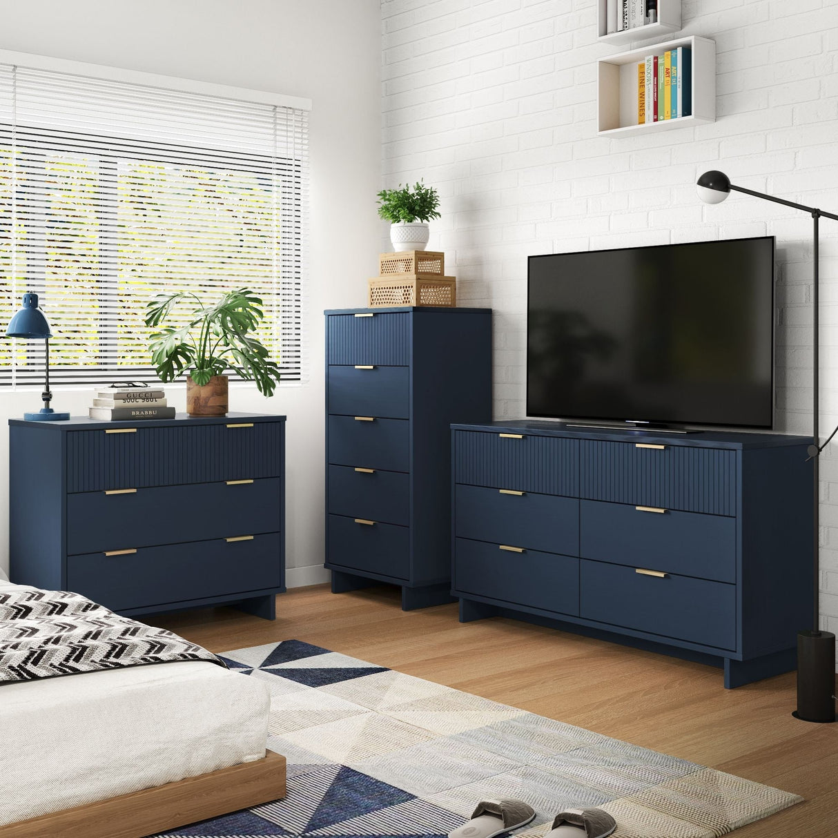 Granville 3-Piece Tall Narrow Chest, Double Dresser Set and Standard Dresser Set in Midnight Blue by Manhattan Comfort at Eve Furniture