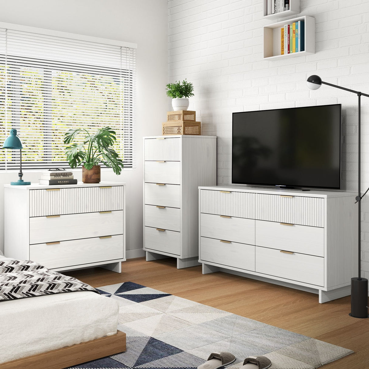 Granville 3-Piece Tall Narrow Chest, Double Dresser Set and Standard Dresser Set in White by Manhattan Comfort at Eve Furniture