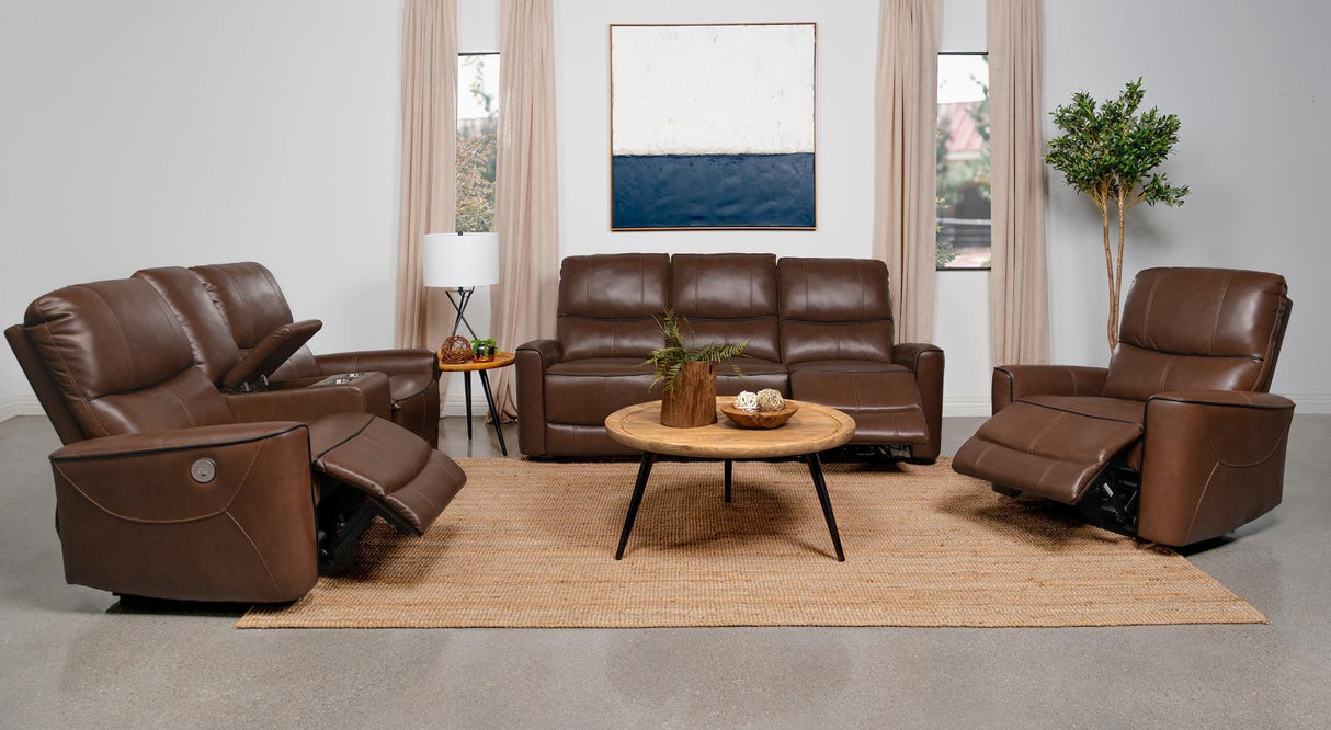 Greenfield Upholstered Power Reclining Sofa Saddle Brown by Coaster at Eve Furniture