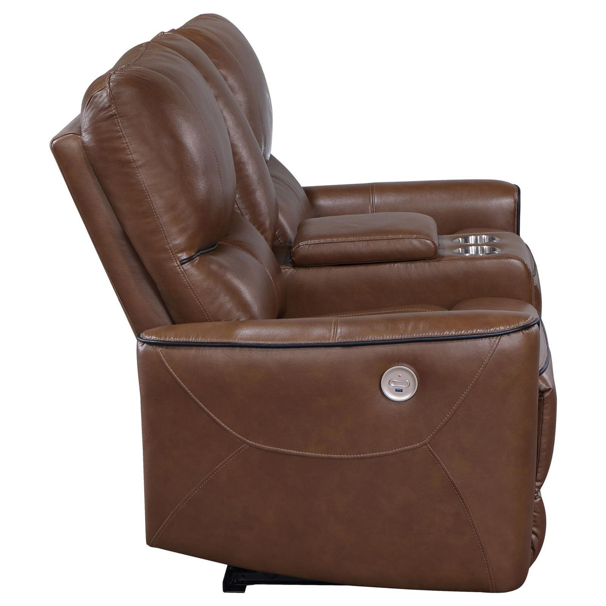 Greenfield Saddle Brown Upholstered Power Reclining Loveseat with Console by Coaster at Eve Furniture