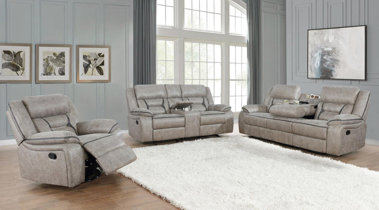 Greer Taupe Upholstered Tufted Reclining Living Room Set by Coaster at Eve Furniture