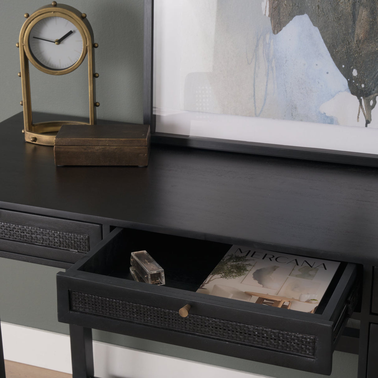 Grier Black Solid Wood W/ Black Cane Office Desk by Mercana at Eve Furniture