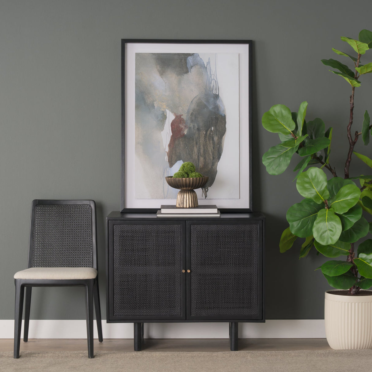 Grier Matte Black Stained Wood w/ Black Cane Accent Cabinet by Mercana at Eve Furniture