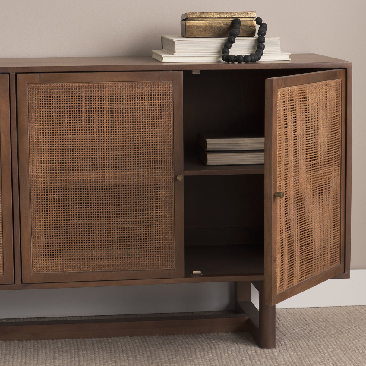 Grier Medium Brown Solid Wood W/Cane Sideboard by Mercana at Eve Furniture