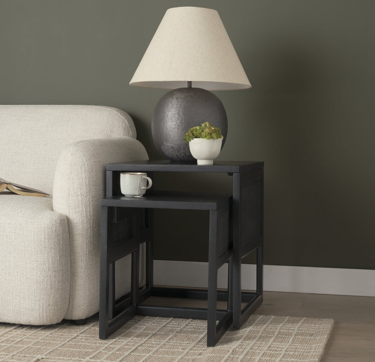 Grier Set of 2 Black Wood w/ Black Cane Nesting Accent Tables by Mercana at Eve Furniture