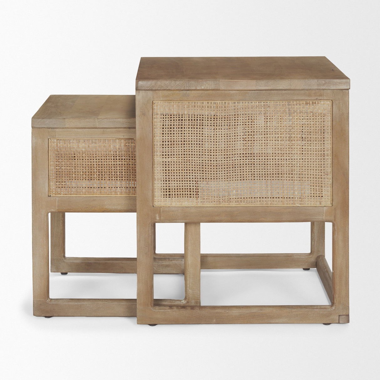 Grier Set of 2 Light Brown Solid Wood w/ Cane Nesting Accent Tables by Mercana at Eve Furniture