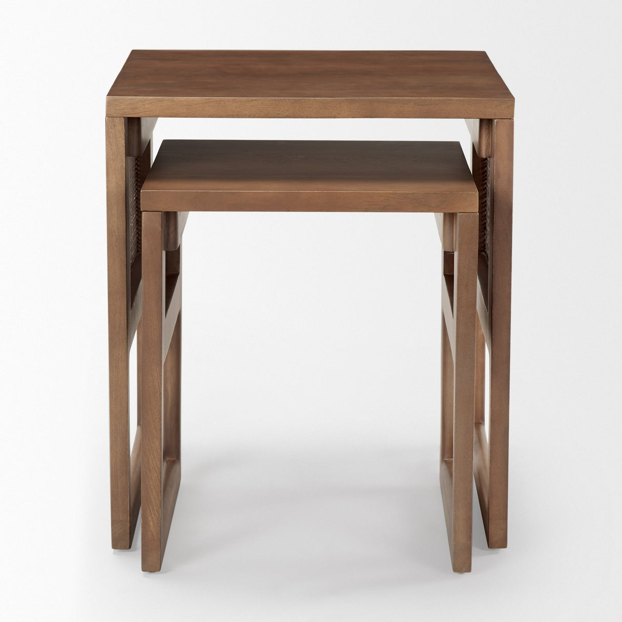 Grier Set of 2 Medium Brown Solid Wood w/ Cane Nesting Accent Tables by Mercana at Eve Furniture
