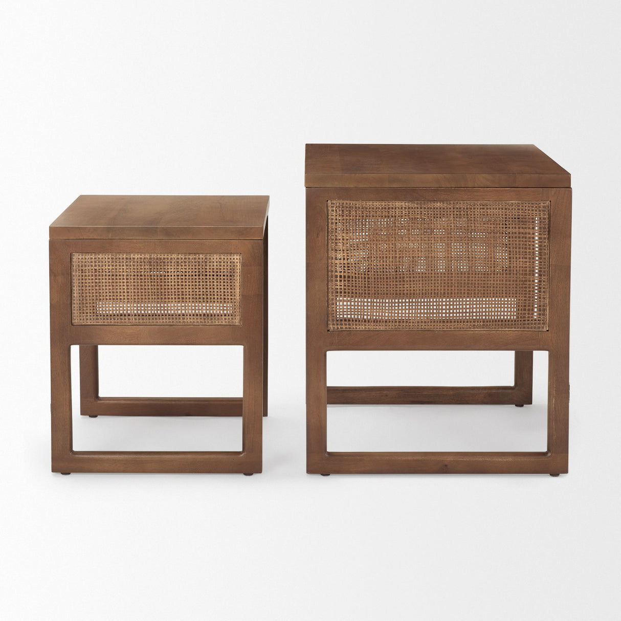 Grier Set of 2 Medium Brown Solid Wood w/ Cane Nesting Accent Tables by Mercana at Eve Furniture