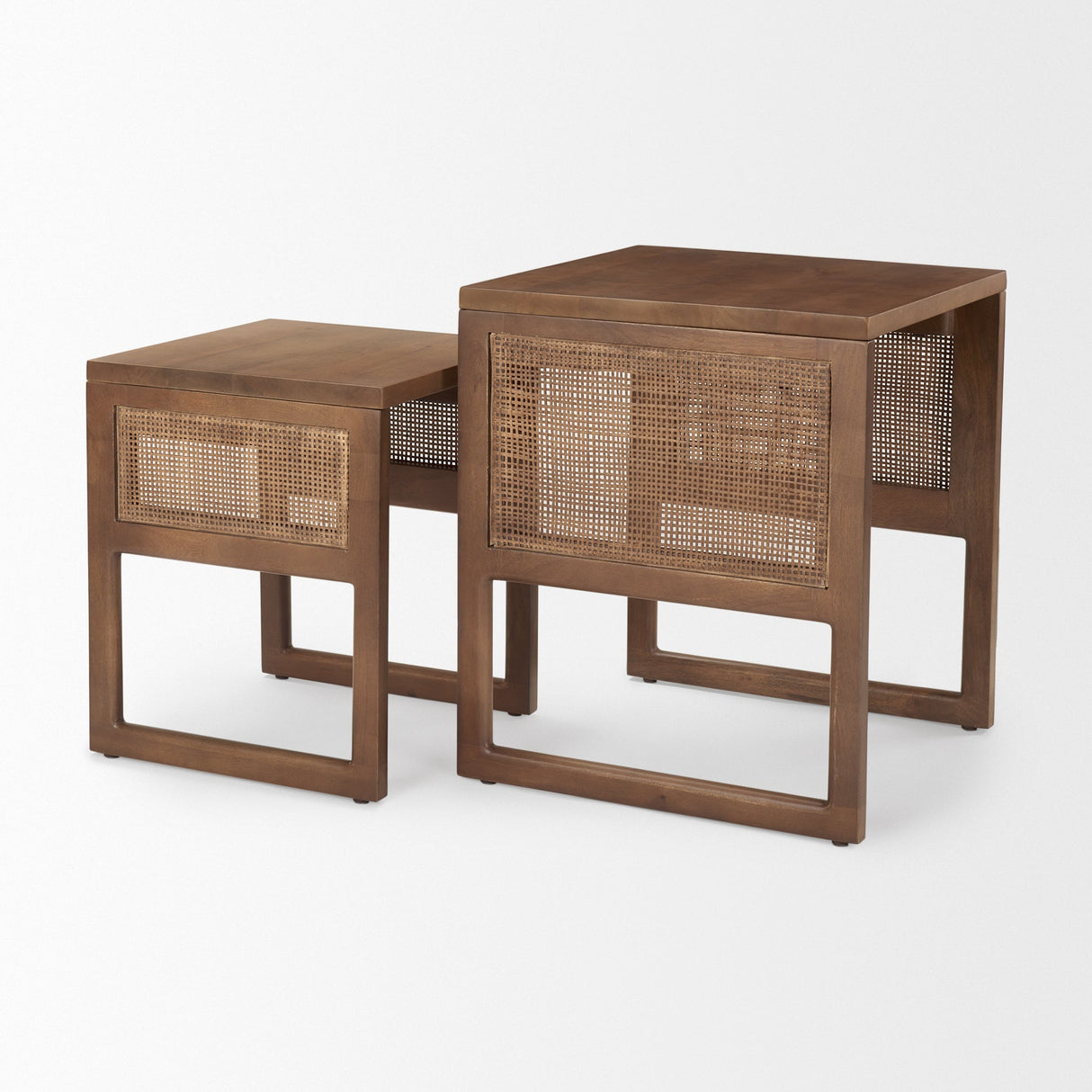Grier Set of 2 Medium Brown Solid Wood w/ Cane Nesting Accent Tables by Mercana at Eve Furniture