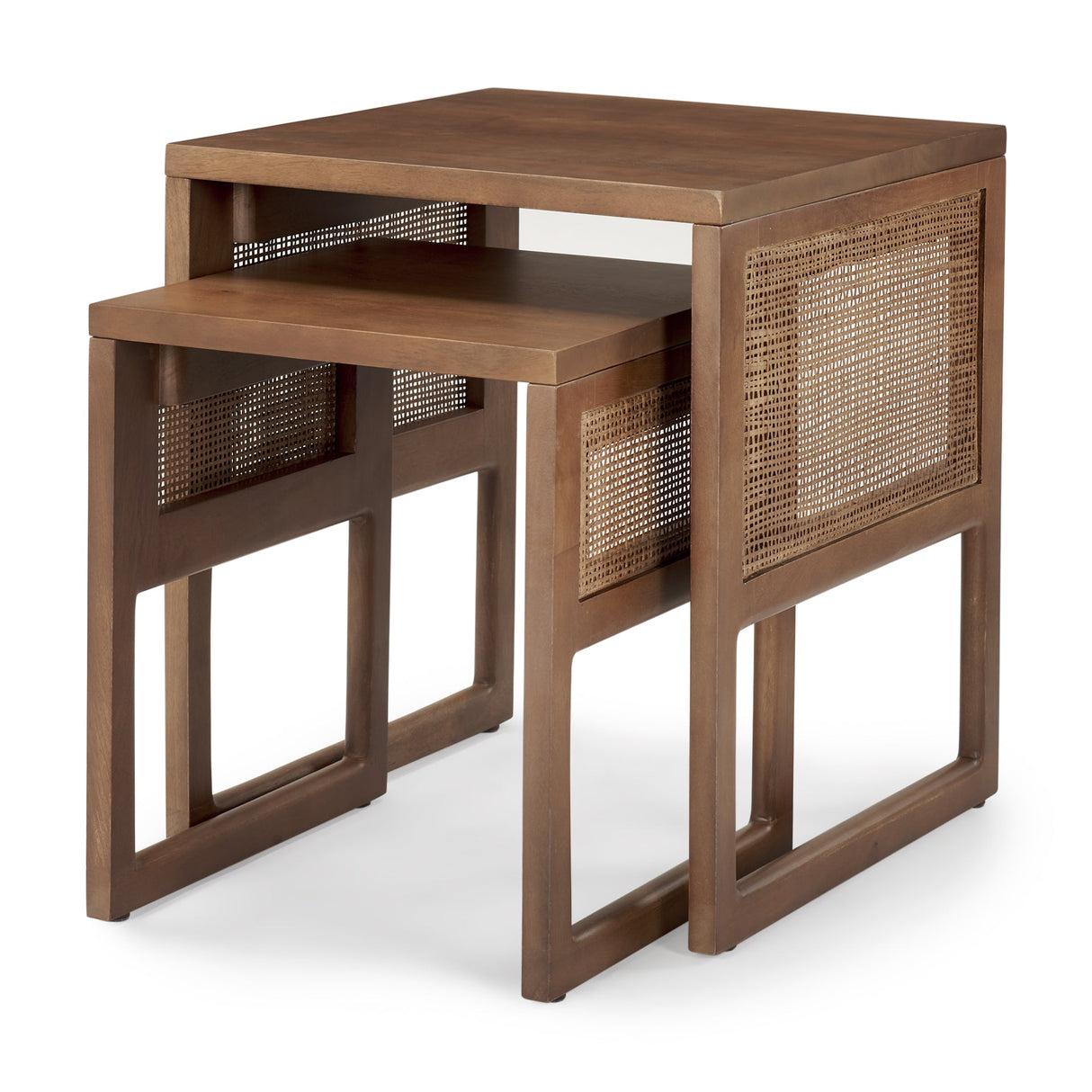 Grier Set of 2 Medium Brown Solid Wood w/ Cane Nesting Accent Tables by Mercana at Eve Furniture