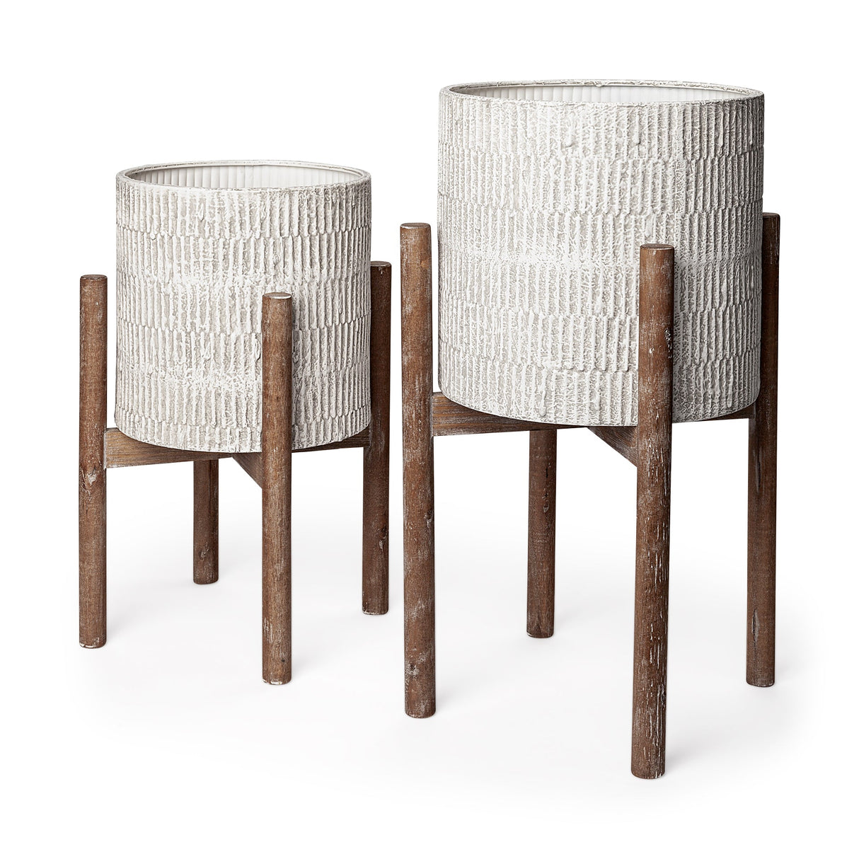 Groot Set of Two 11.8 x 23 Eggshell Ceramic Wooden Base Plant Stands by Mercana at Eve Furniture