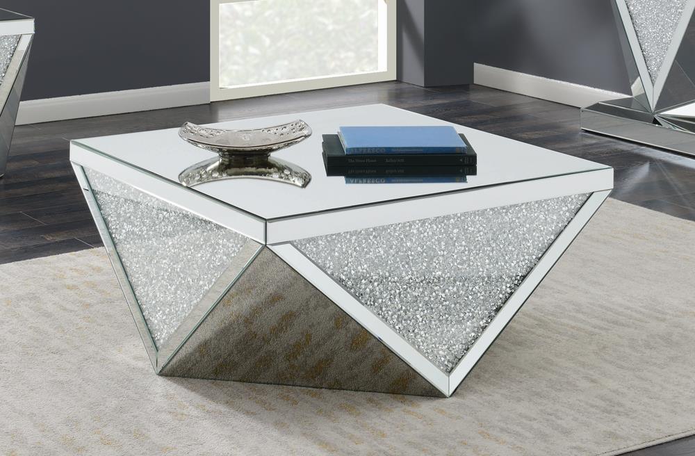 Gunilla Silver/Clear Mirror Square Coffee Table with Triangle Detailing by Coaster at Eve Furniture