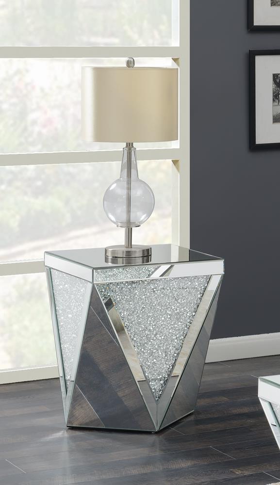 Gunilla Silver/Clear Mirror Square End Table with Triangle Detailing by Coaster at Eve Furniture