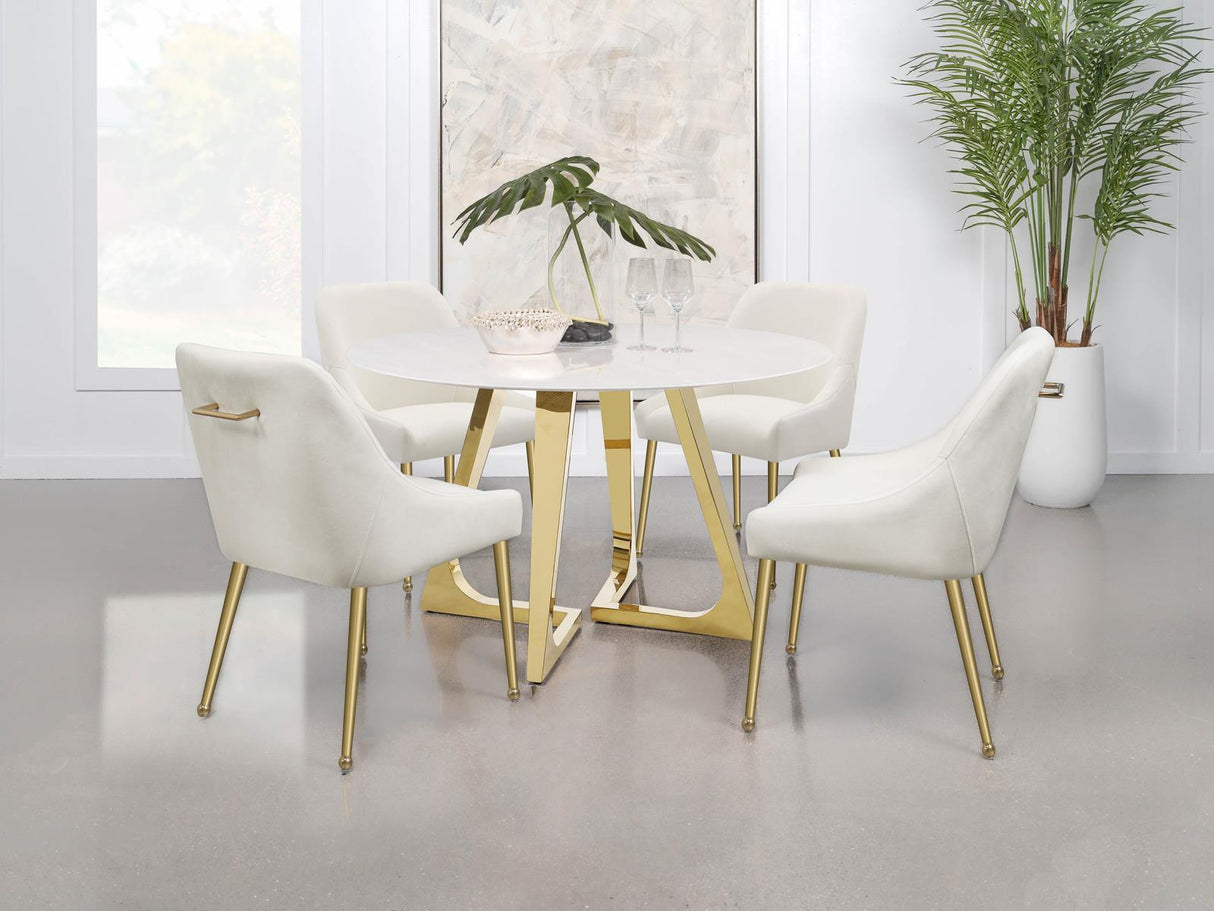 Gwynn White and Gold Stainless Steel Base Marble Top Round Dining Table by Coaster at Eve Furniture