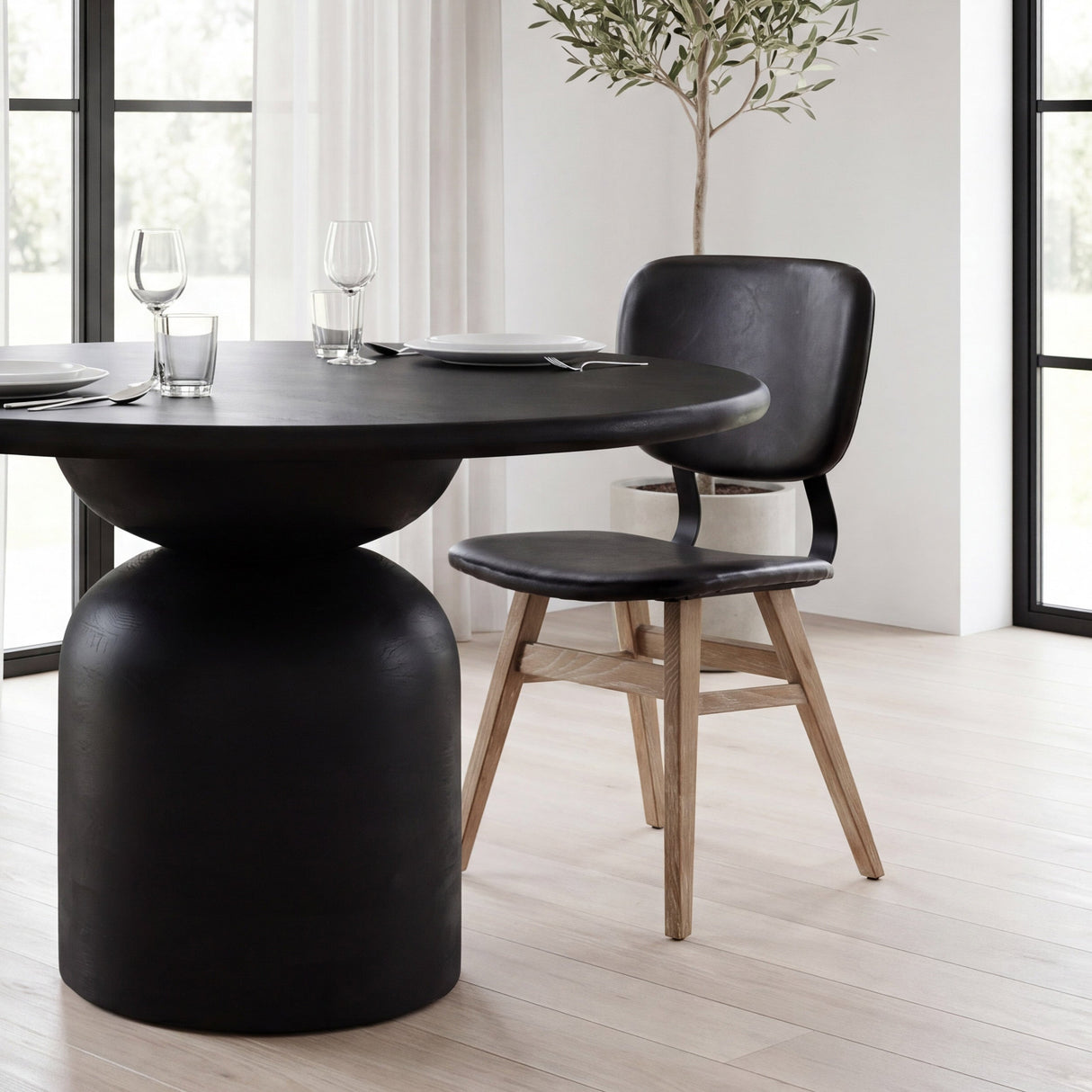 Haden I Black Faux-Leather Wrap Brown Solid Wood and Iron Base Dining Chair, Set of 2 by Mercana at Eve Furniture