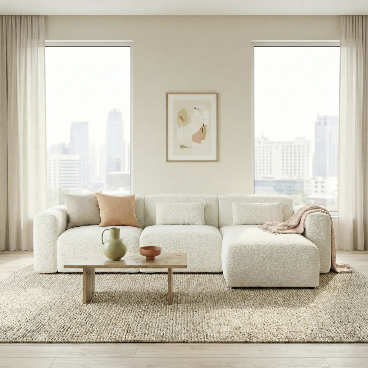 Haledon 3-Piece Sand Boucle Right Sectional Sofa by Ashcroft Furniture at Eve Furniture