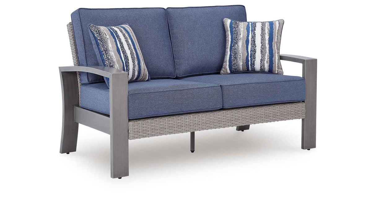 Half Moon Beach Blue/Gray Outdoor Loveseat with Cushion by Ashley at Eve Furniture