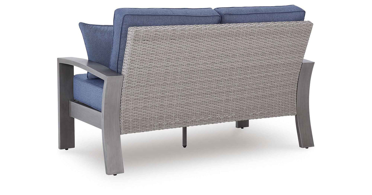Half Moon Beach Blue/Gray Outdoor Loveseat with Cushion by Ashley at Eve Furniture
