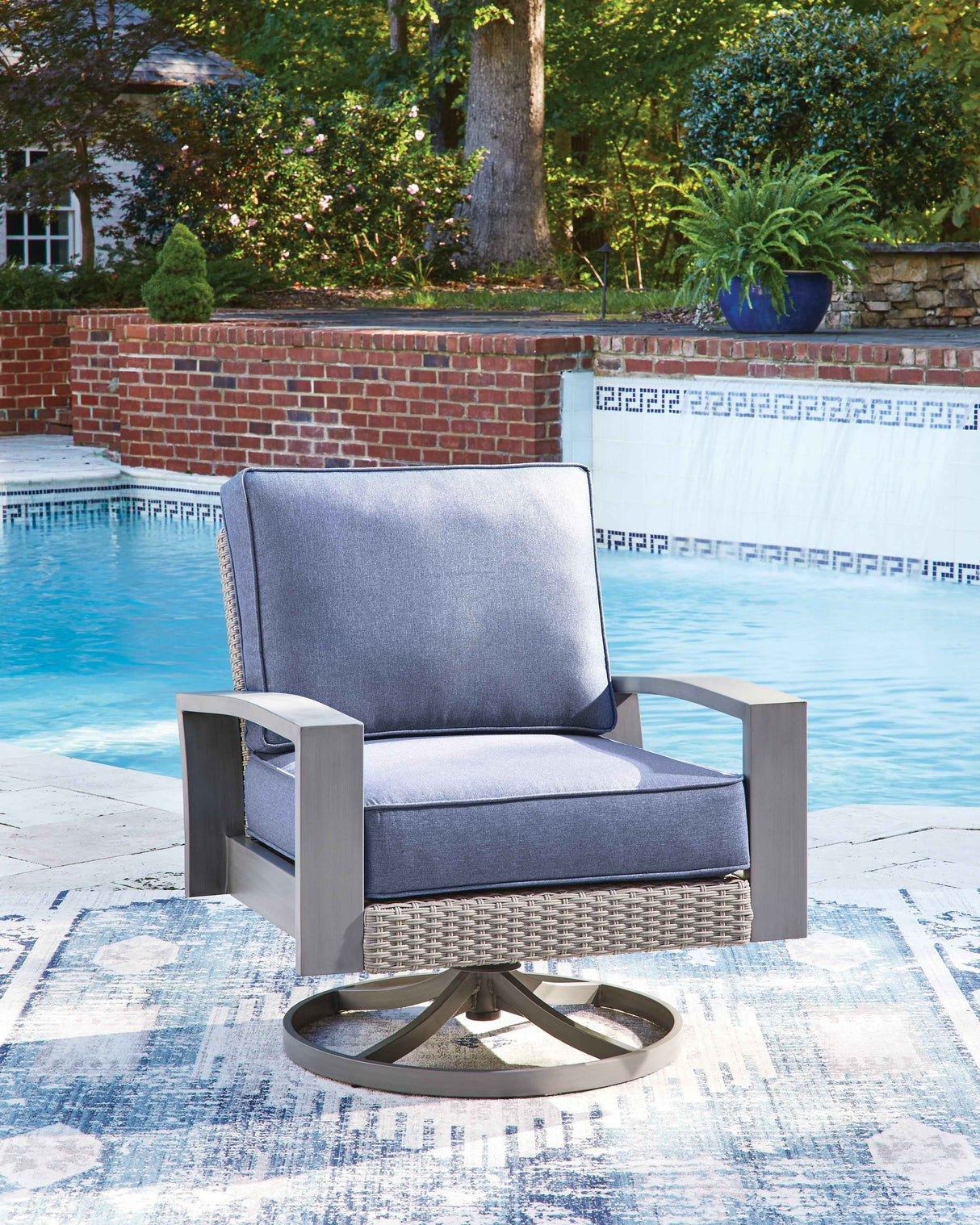 Half Moon Beach Blue/Gray Outdoor Sofa with 2 Lounge Chairs by Ashley at Eve Furniture
