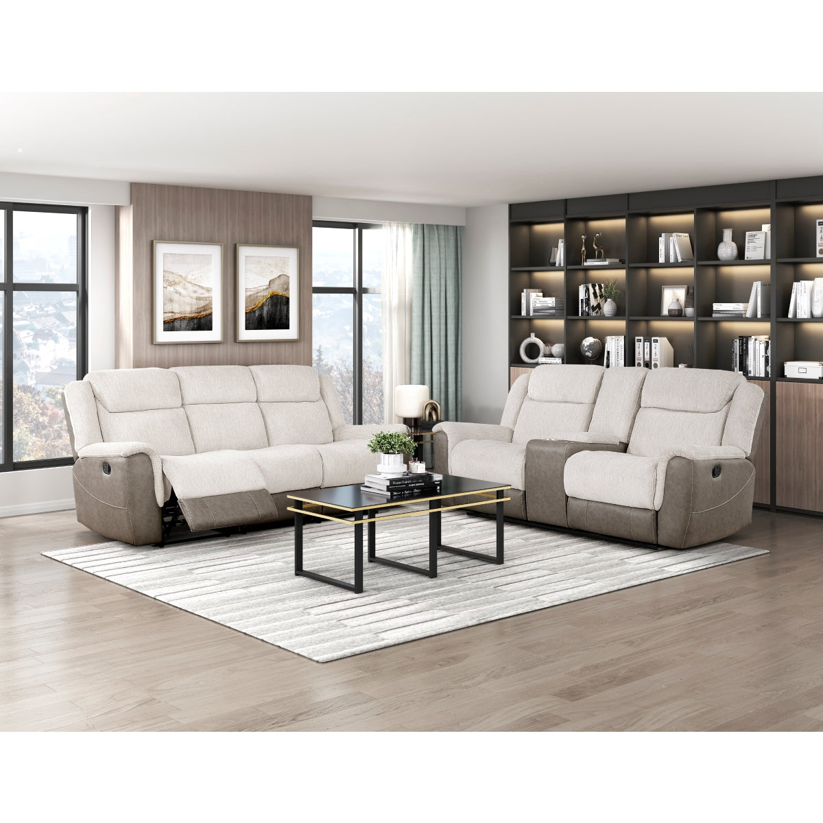 Harriette Beige/Brown Double Reclining Loveseat with Center Console by Homelegance at Eve Furniture