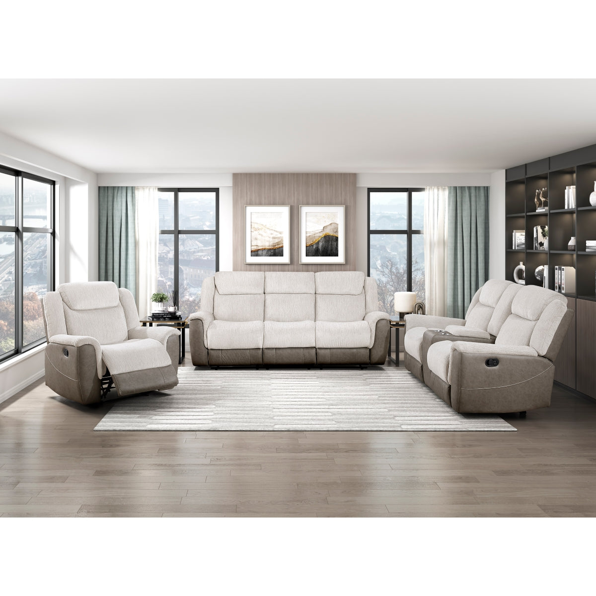 Harriette Beige/Brown Double Reclining Loveseat with Center Console by Homelegance at Eve Furniture