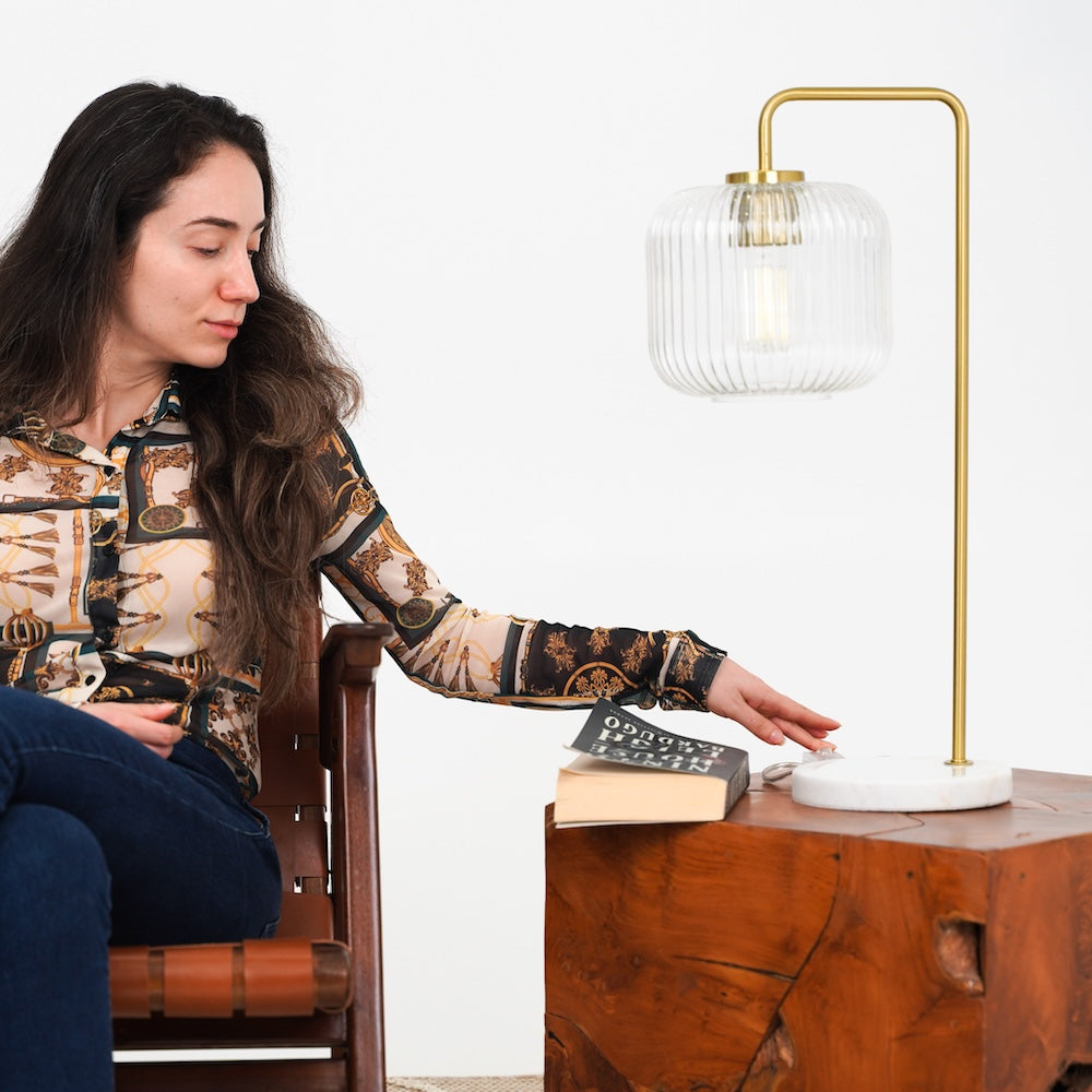 Haven Clear Glass Table Lamp, Gold Brush Metal and Marble Base, Button Control by Ashcroft Furniture at Eve Furniture