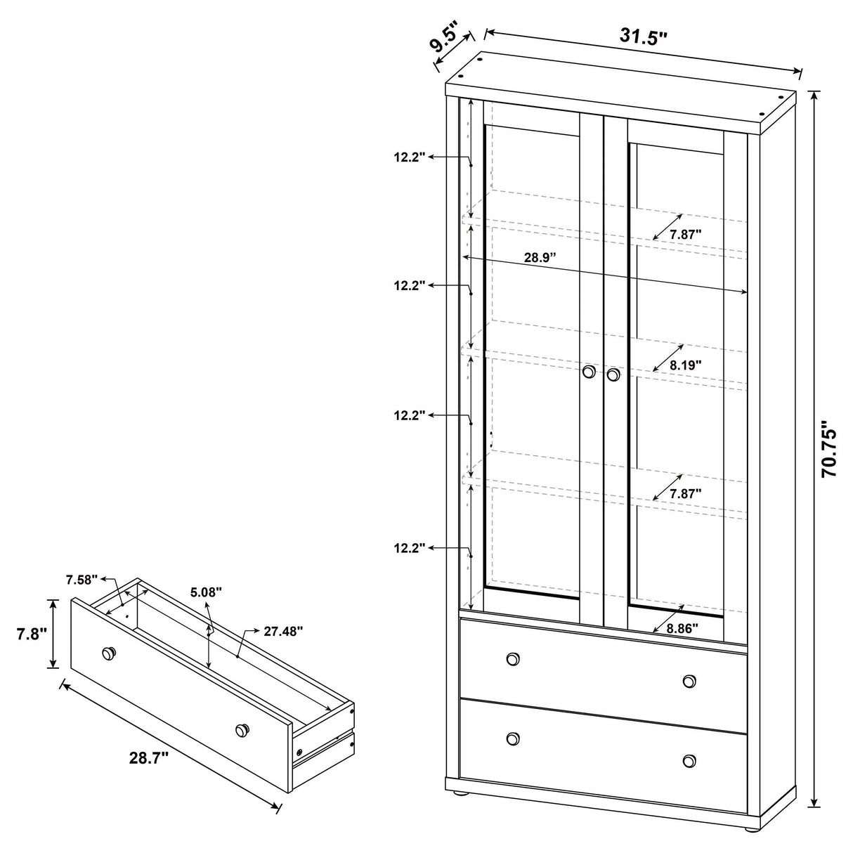 Hawthorne Black 4-Shelf Glass Door Tall Cabinet with Drawers by Coaster at Eve Furniture