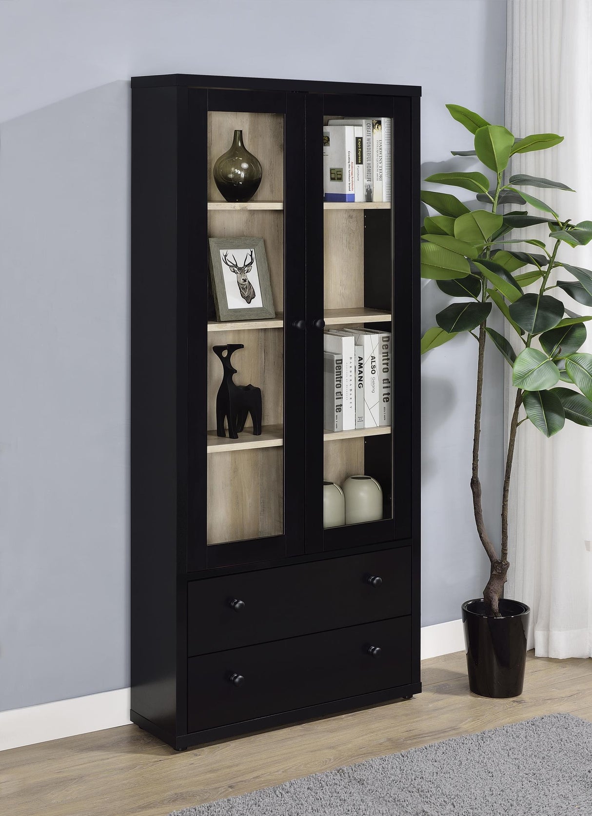 Hawthorne Black 4-Shelf Glass Door Tall Cabinet with Drawers by Coaster at Eve Furniture