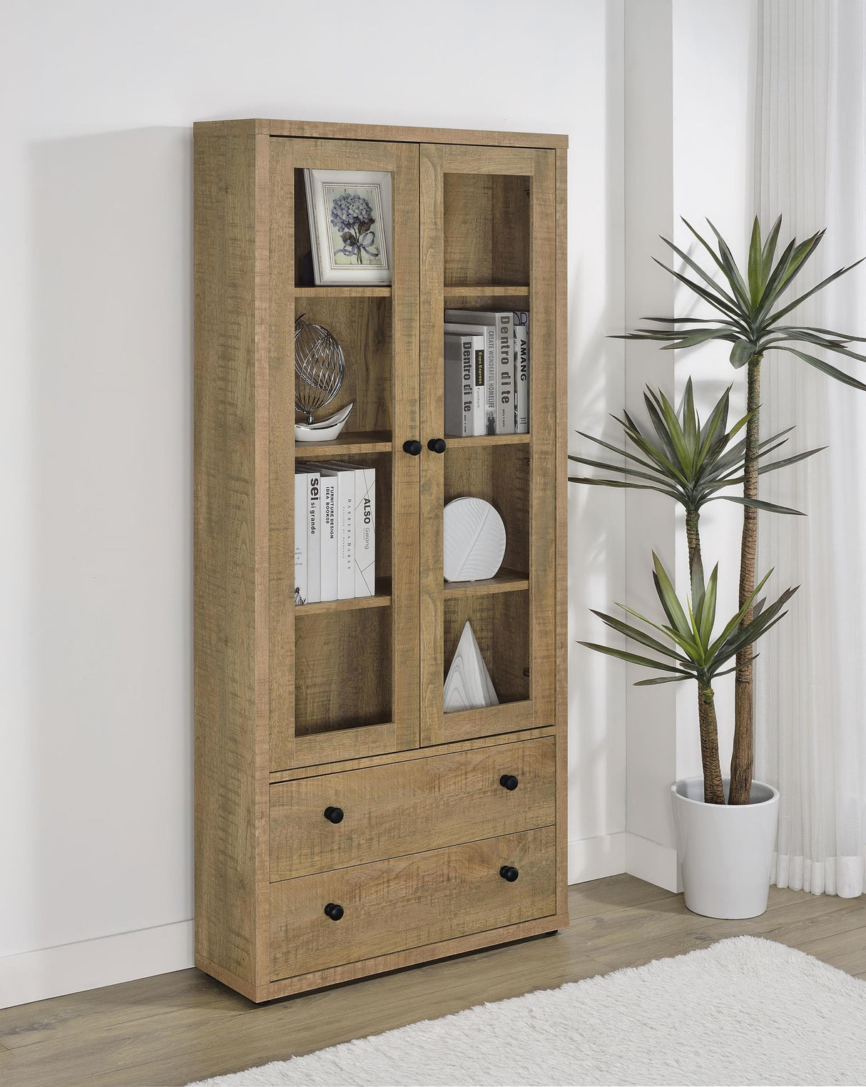 Hawthorne Mango 4-Shelf Glass Door Tall Cabinet with Drawers by Coaster at Eve Furniture