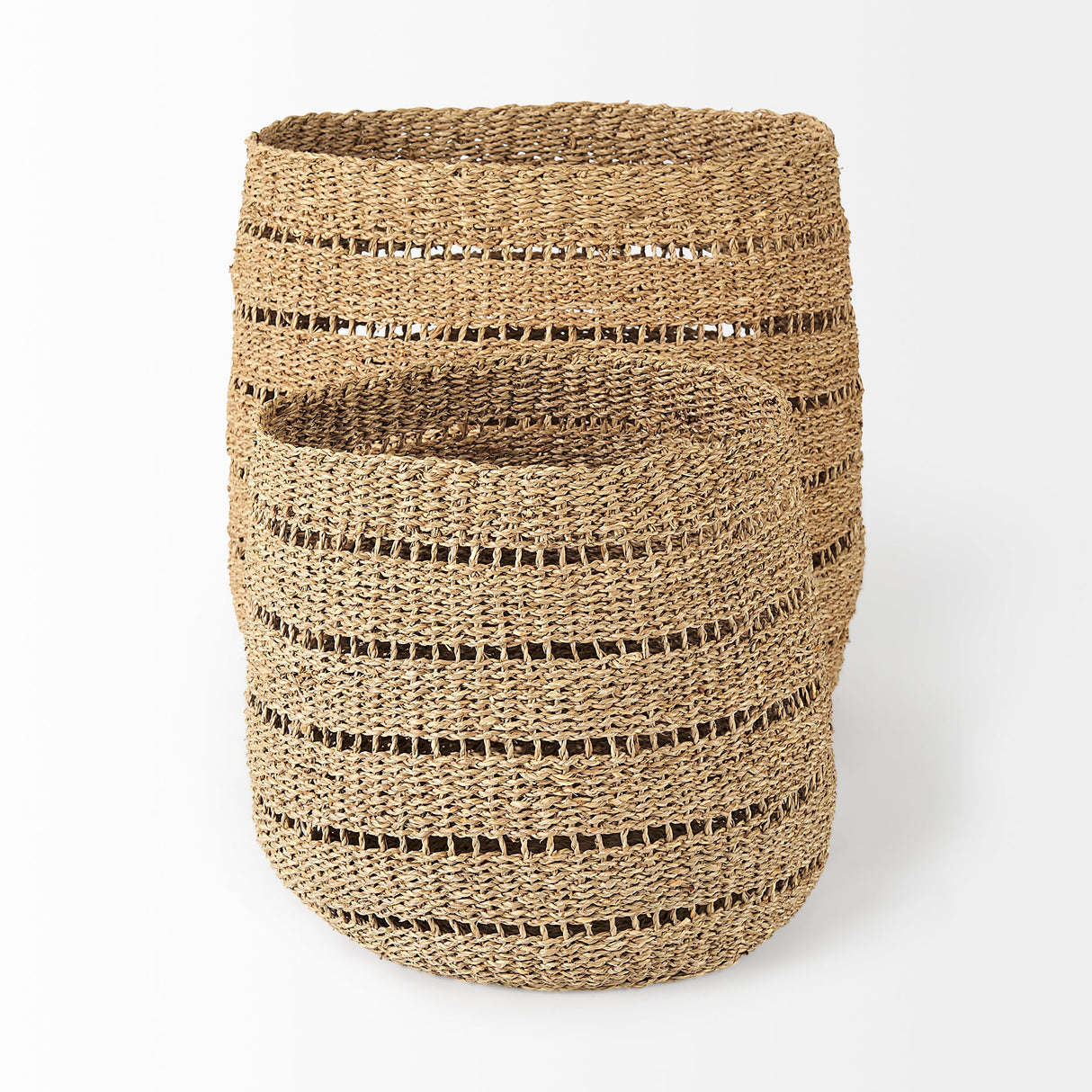Hayes (Set of 2) Medium Brown Seagrass Round Basket with Stripe Pattern by Mercana at Eve Furniture