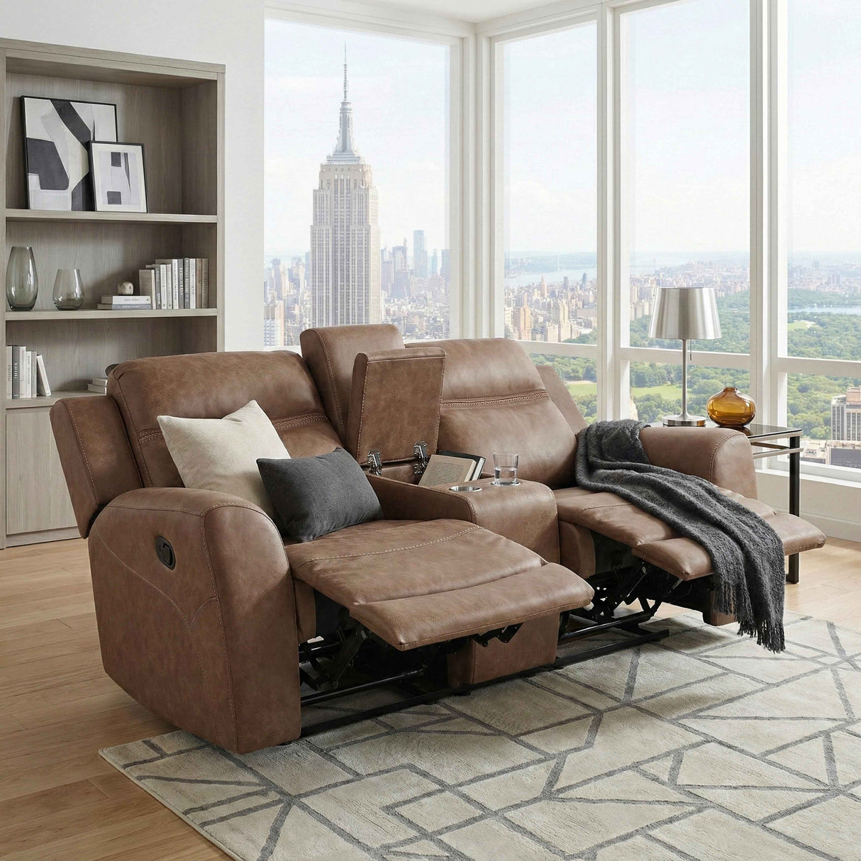 Hearth Brown Double Reclining Loveseat with Center Console by Homelegance at Eve Furniture