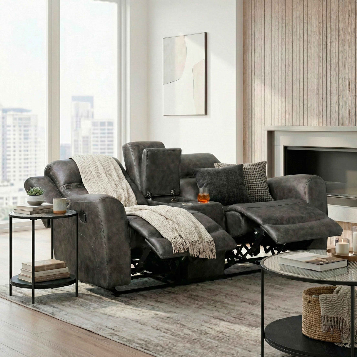Hearth Charcoal Double Reclining Loveseat with Center Console by Homelegance at Eve Furniture