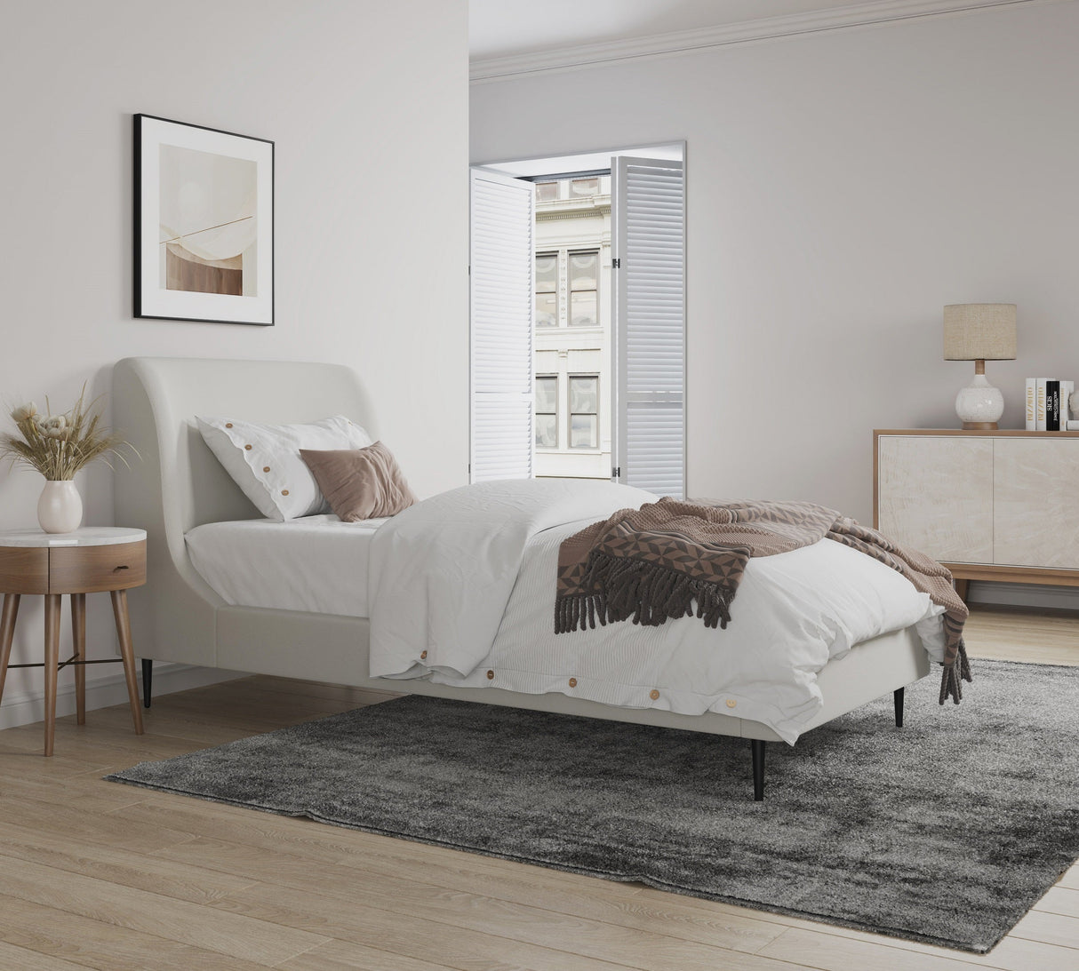 Heather Twin Bed in Cream with Black Legs by Manhattan Comfort at Eve Furniture