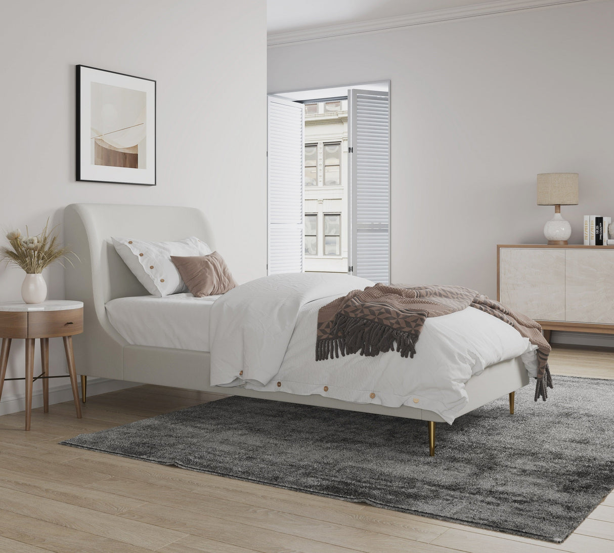 Heather Twin Bed in Cream with Gold Legs by Manhattan Comfort at Eve Furniture