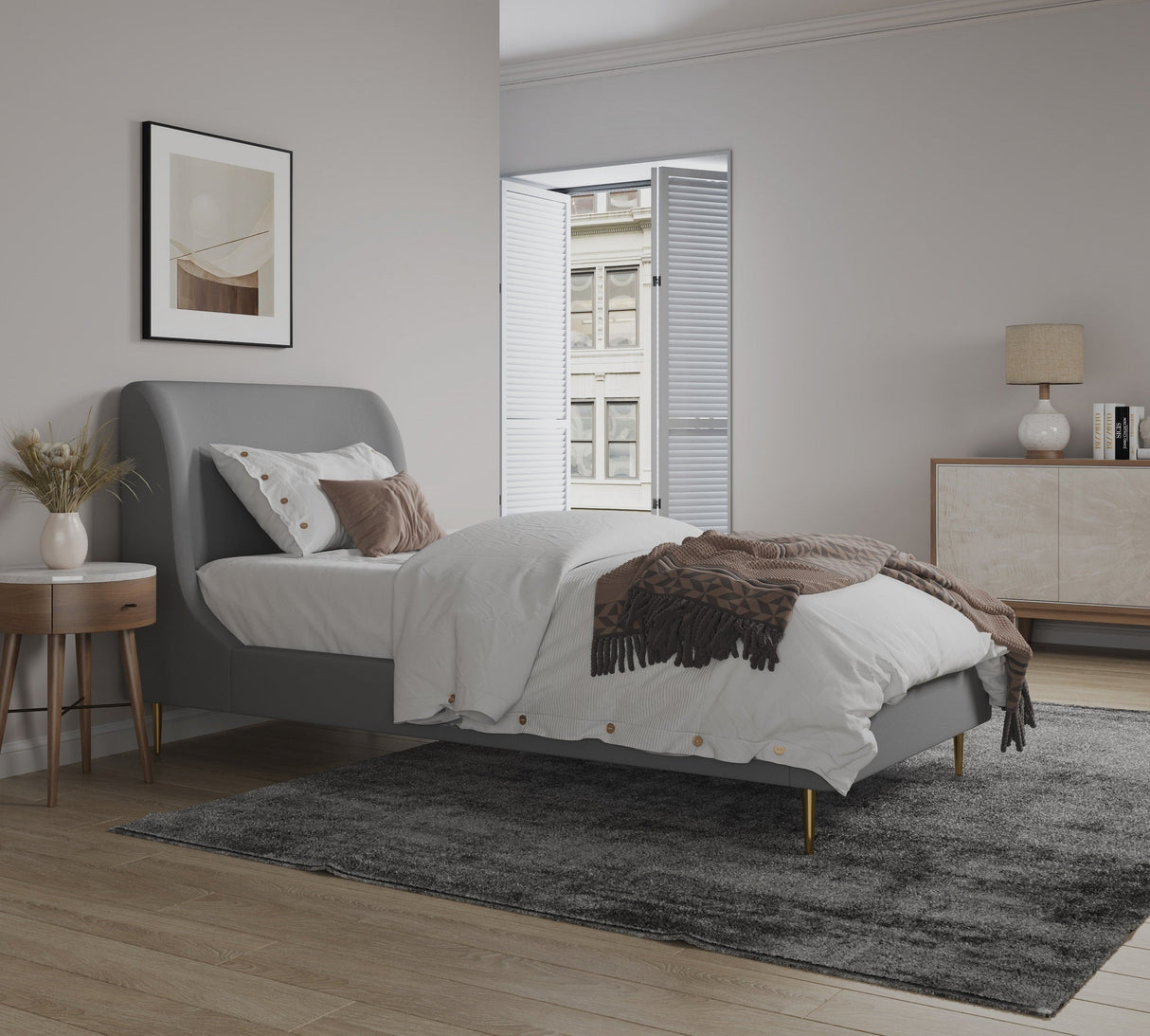 Heather Twin Bed in Grey with Gold Legs by Manhattan Comfort at Eve Furniture