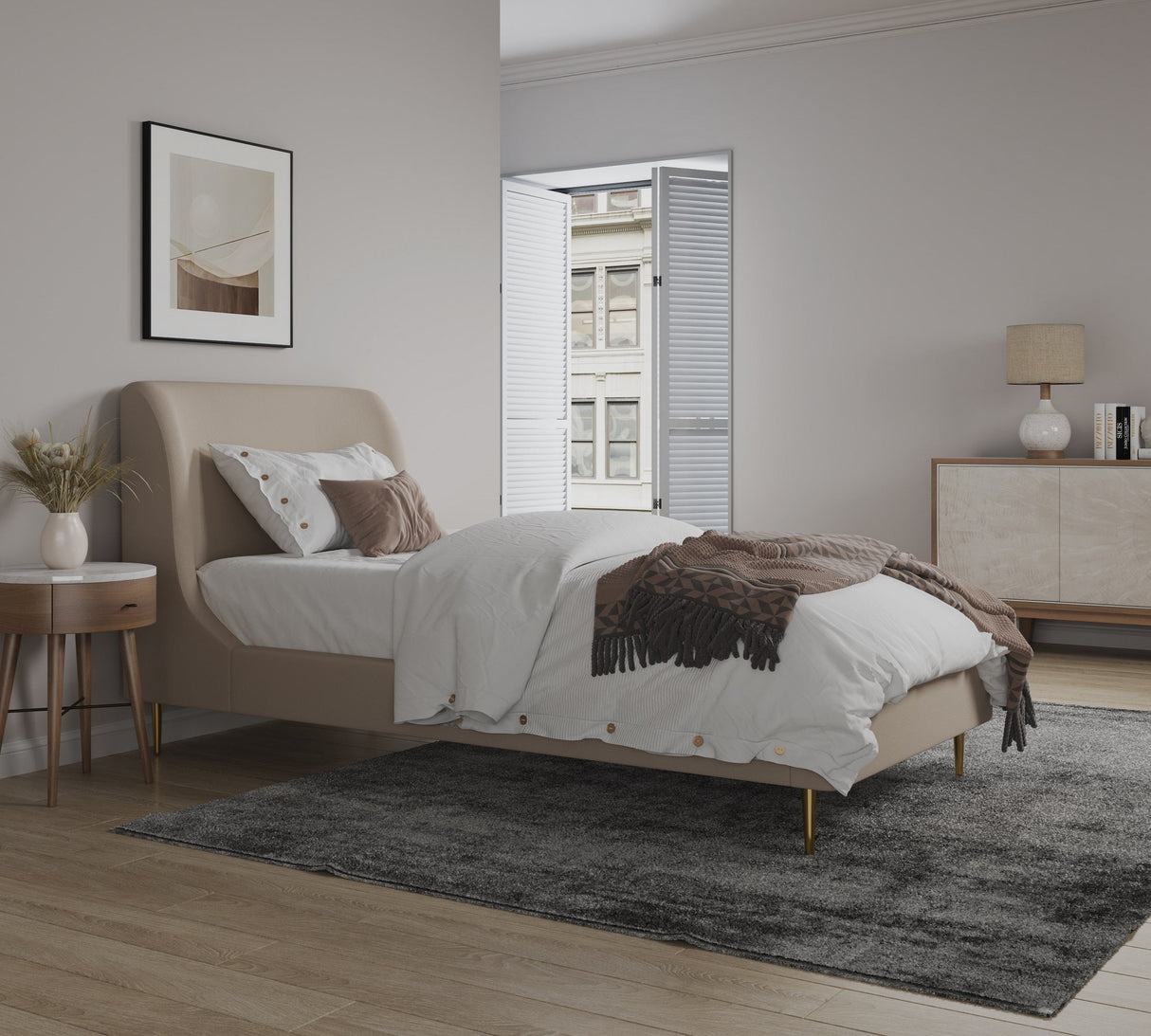 Heather Twin Bed in Taupe with Gold Legs by Manhattan Comfort at Eve Furniture