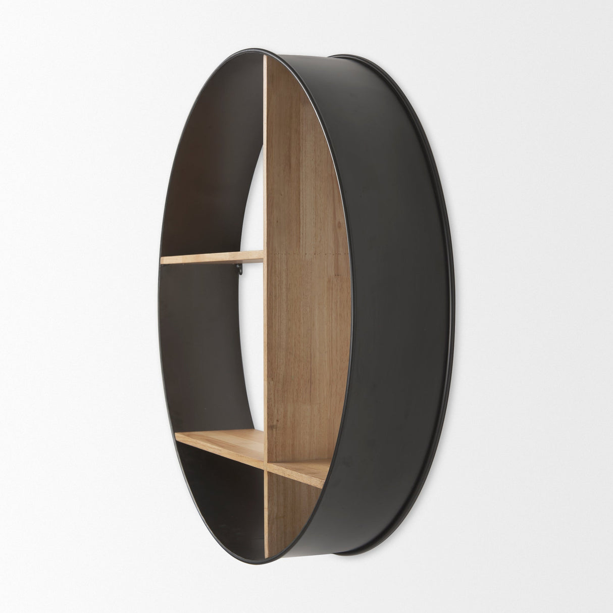 Hector Brown Wood W/ Black Metal Round Wall Shelf by Mercana at Eve Furniture