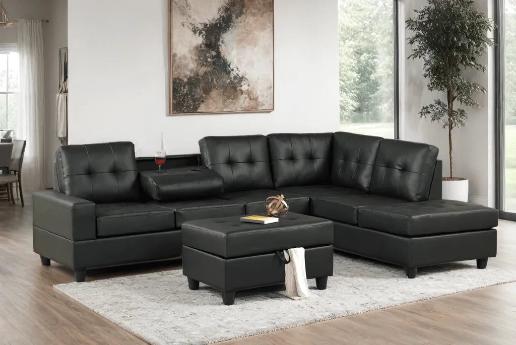 Heights Black Faux Leather Reversible Sectional & Storage Ottoman by Happy Homes at Eve Furniture