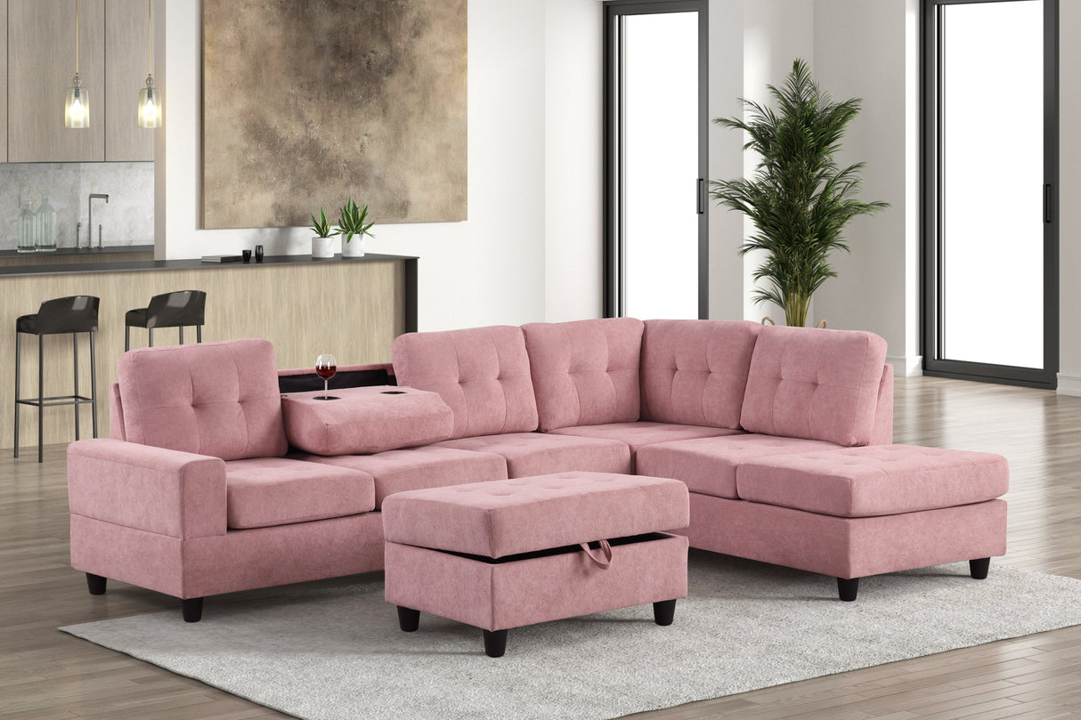 Heights Pink Velvet Reversible Sectional & Storage Ottoman by Happy Homes at Eve Furniture