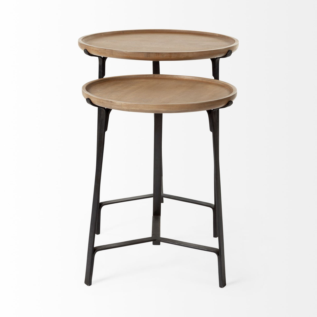 Helios III 20L x 24H Set of Two Round Brown Solid Wood Iron Base Nesting End/Side Tables by Mercana at Eve Furniture