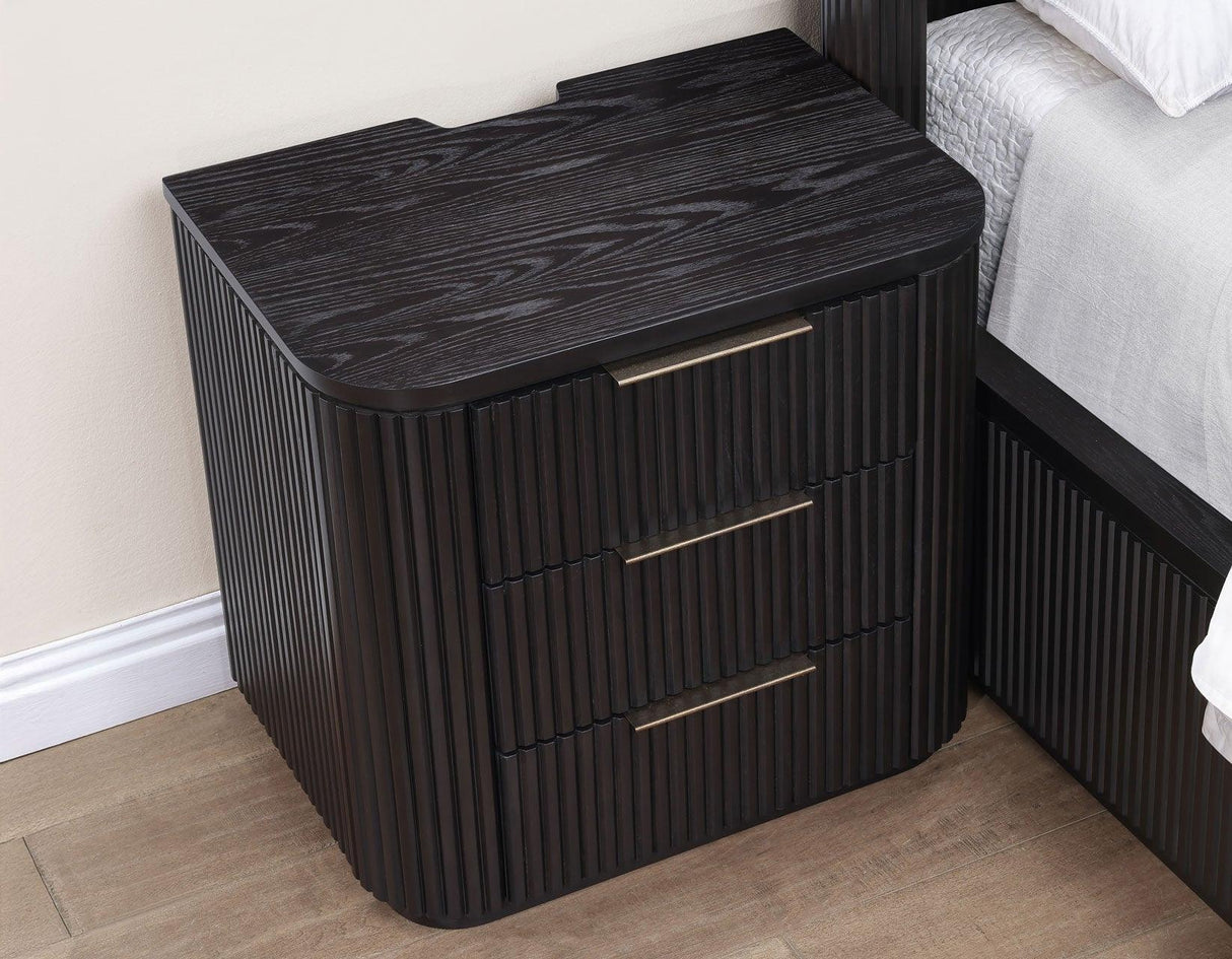 Henry Reeded 3-Drawer Nightstand with USB & Electric Outlets, Espresso Finish by Steve Silver at Eve Furniture